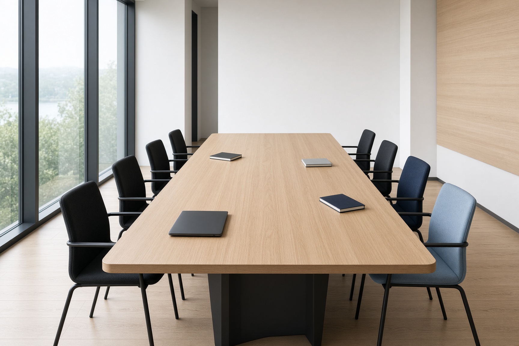 A modern boardroom with a pale oak table and glass walls