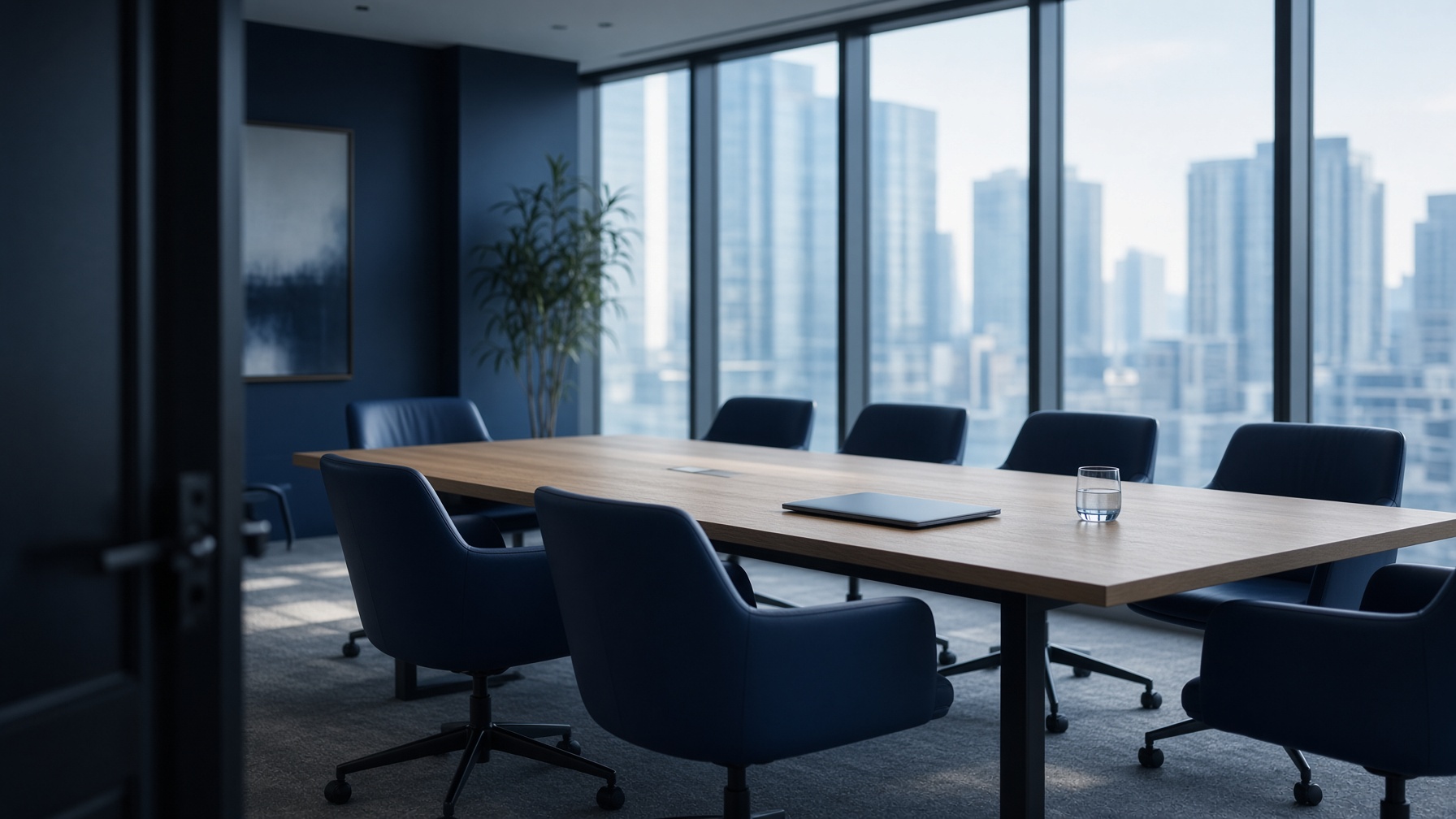 A quiet boardroom with an oak table and navy chairs.
